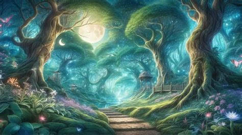 Magical Enchanted Forest In Anime Style With Moonlit Canopies And