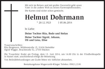 Traueranzeigen Von Helmut Dohrmann Trauer Kreiszeitung De