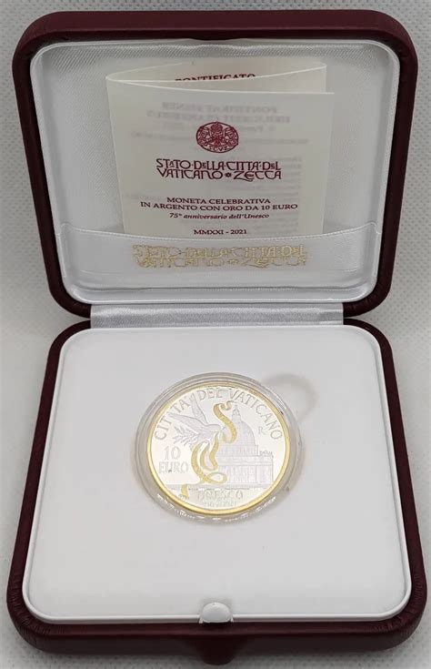 Vatican 10 Euro Silver Coin 75 Years UNESCO 2021 Gold Plated Euro