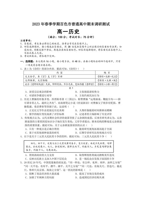 广西壮族自治区百色市2022 2023学年高一下学期期末调研考试历史试题（含答案） 21世纪教育网