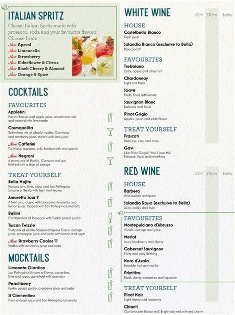 Menu at Bella Italia pizzeria, Nottingham, Forman Street