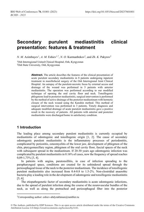 Pdf Secondary Purulent Mediastinitis Clinical Presentation Features