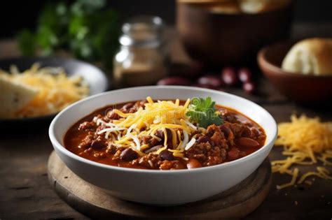 Classic Beef Chili in a Deep White Bowl with Cheese Stock Image - Image ...