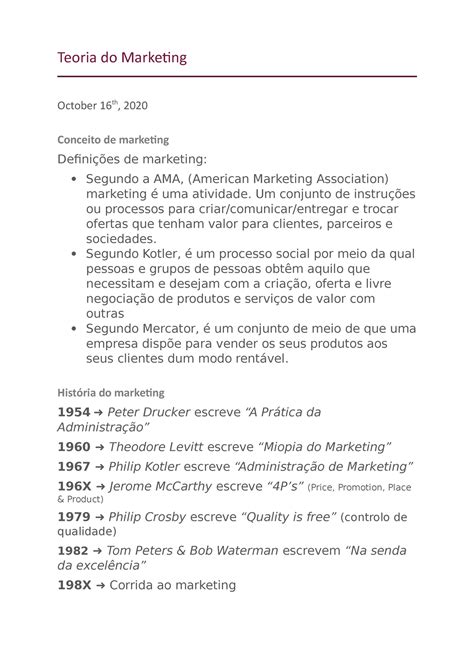 Resumos De Marketing Teoria Do Marketing October Th Conceito