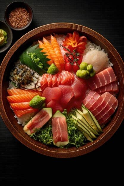 Premium AI Image Chirashi Bowl A Medley Of Sashimi Pieces Artfully