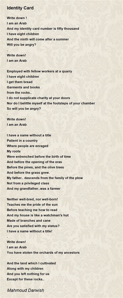 Identity Card - Identity Card Poem by Mahmoud Darwish