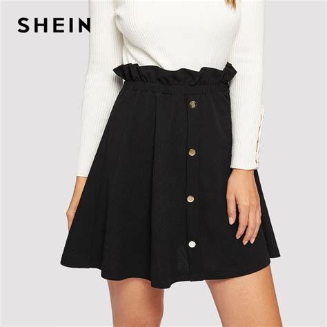 SHEIN Black Paperbag Waist Ruffle Button Front Shift Skirt Casual High