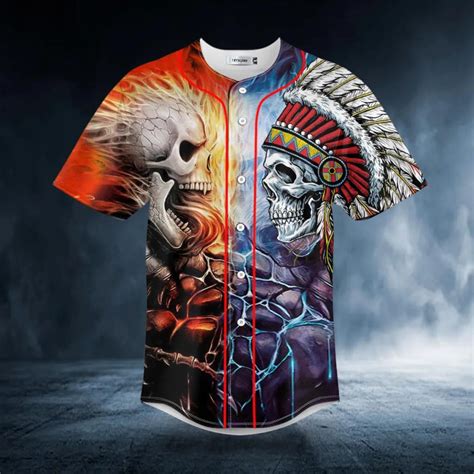 Native Warrior Vs Lava Fire Skull Baseball Jersey Skull And Viking