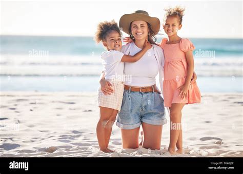 Beach Portrait And Mother With Children On Sand For Puerto Rico