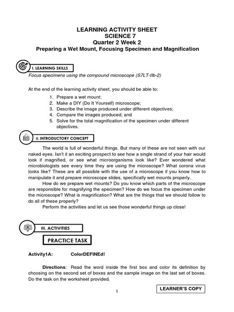 Preparing A Wet Mount Focusing Specimen And Magnification Learning Activity Sheet Science 7