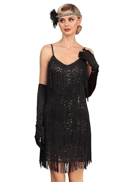 Prettyguide Women S S Fringed Sequin Flapper Dress Deep V Neck