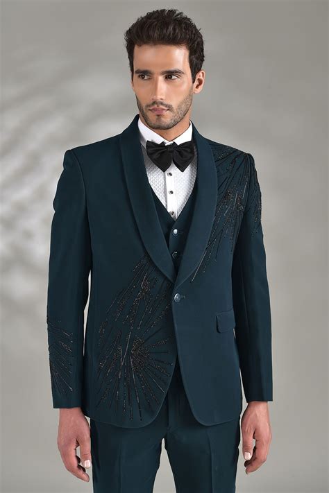 Buy Dark Jackpine Green Cutdana Embroidered Italian Tuxedo Suit Online