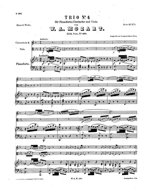 Mozart Wolfgang Amadeus Trio In E Flat Major K 498 For Piano Trio