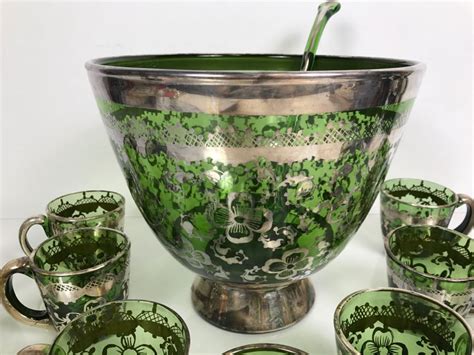 Vintage Hand Blown Green Glass With Silver Overlay Punch Bowl Set