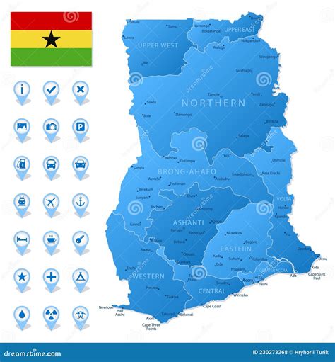 Blue Map of Ghana Administrative Divisions with Travel Infographic