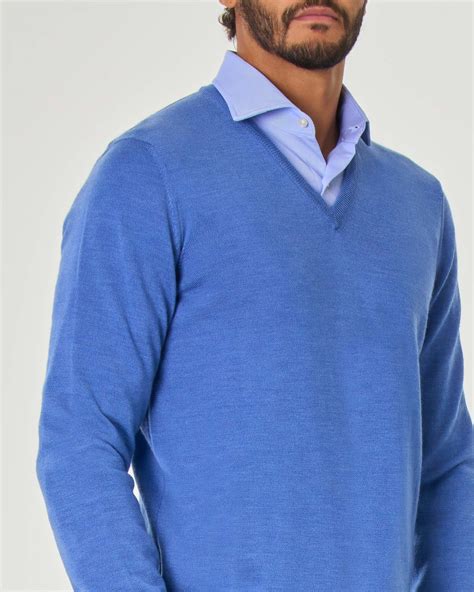 Maglia Azzurra Scollo A V In Lana Merino