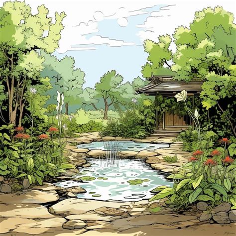 Premium AI Image | a drawing of a garden with a pond and a pond.