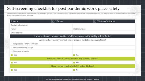 Self Screening Checklist For Post Pandemic Work Place Safety Topics Pdf