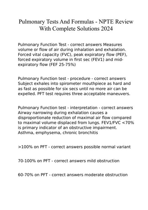 Pulmonary Tests And Formulas Npte Review With Complete Solutions