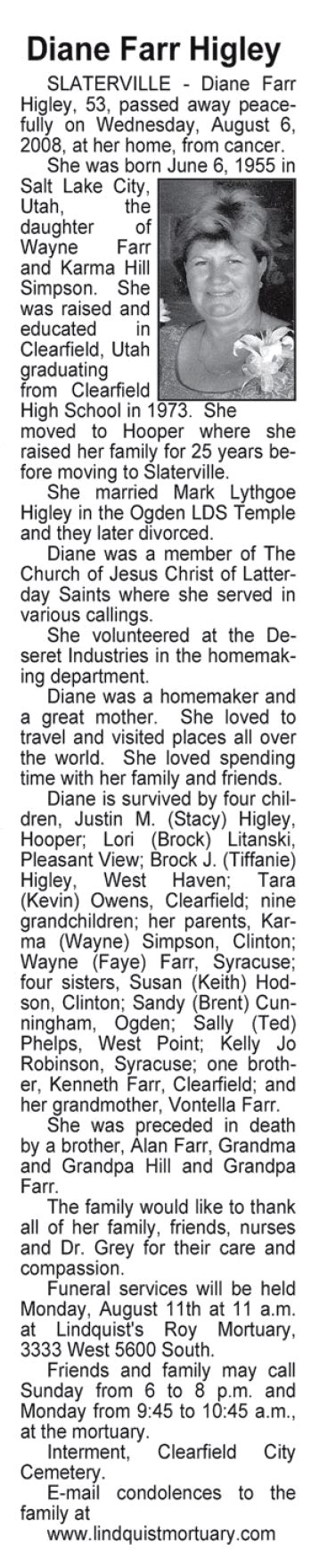 Diane Farr Higley Deceased Clearfield UT Utah