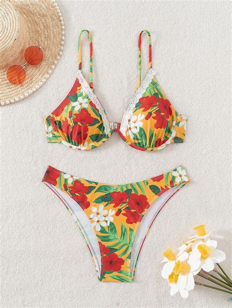 SHEIN VCAY Women S Tropical Plant Print Sexy Bikini Set For Beach