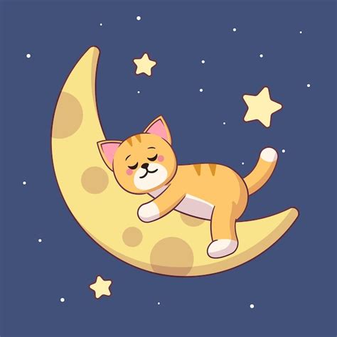 Chat De Dessin Anim Mignon Dormant Sur La Lune Avec Des Toiles