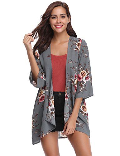 Abollria Women 3 4 Sleeve Floral Chiffon Casual Loose Kimono Cardigan