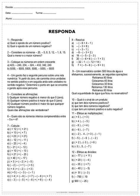 Exercicios De Matematica De 7 Ano
