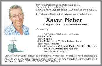 Traueranzeigen von Xaver Neher Allgäuer Zeitung