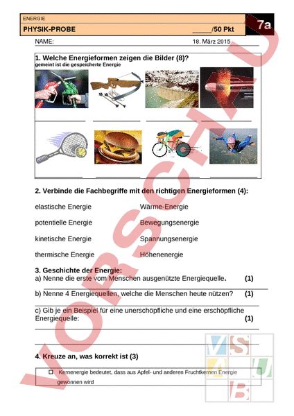 Arbeitsblatt Energie Physik Gemischte Themen