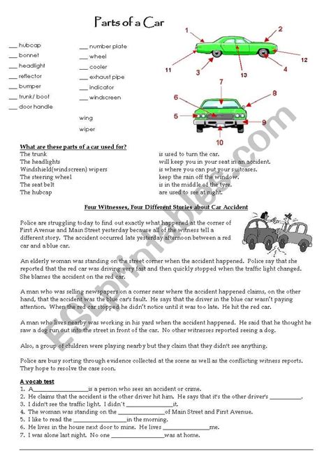 Parts Of A Car ESL Worksheet By SKteacher