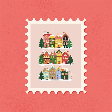 Sello Postal De La Ciudad De Las Casas De Invierno Vector Premium