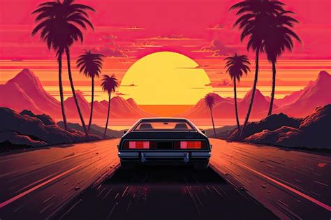 Premium Photo | Retro car on the road at sunset Vector illustration