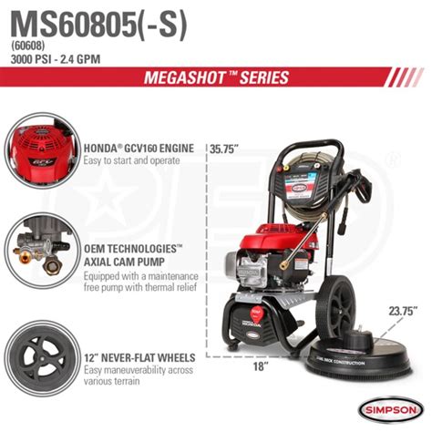 Simpson Ms60805 S Megashot 3000 Psi Gas Cold Water Pressure Washer W