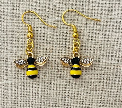 Cute Bumble Bee Earrings Bee Dangle Earrings Golden Hook Etsy