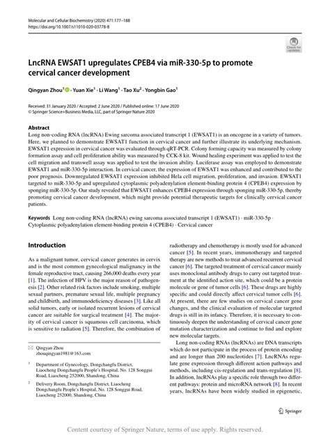 LncRNA EWSAT1 Upregulates CPEB4 Via MiR 330 5p To Promote Cervical