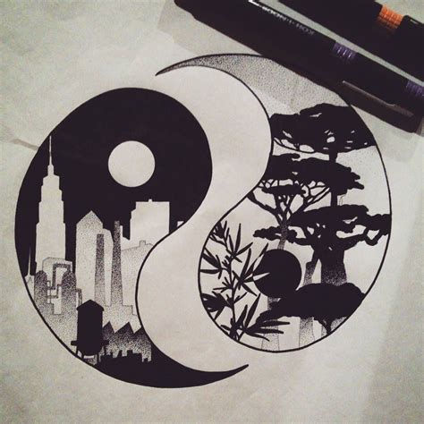 Yin Yang Nature Vs City Dotwork Arte Yin Yang Ying Y Yang Yin Yang