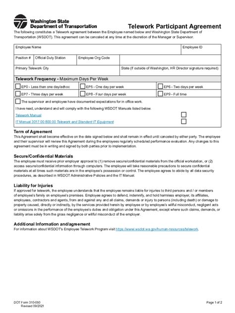 Fillable Online HR Telework Agreement Form Washington State