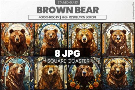 Brown Bear Stained Glass Square Coaster Graphic By Hurairagraphics