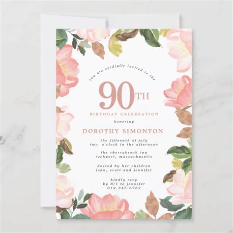 Elegant Pink Floral 90th Birthday Invitation Zazzle