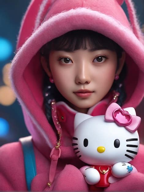 Premium Ai Image Cute Chinese Girl With Hello Kitty