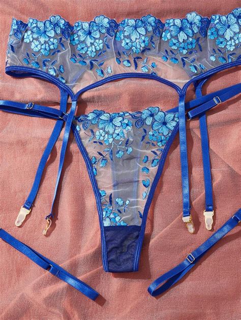 Plus Floral Embroidery Mesh Underwire Garter Lingerie Set Shein Uk