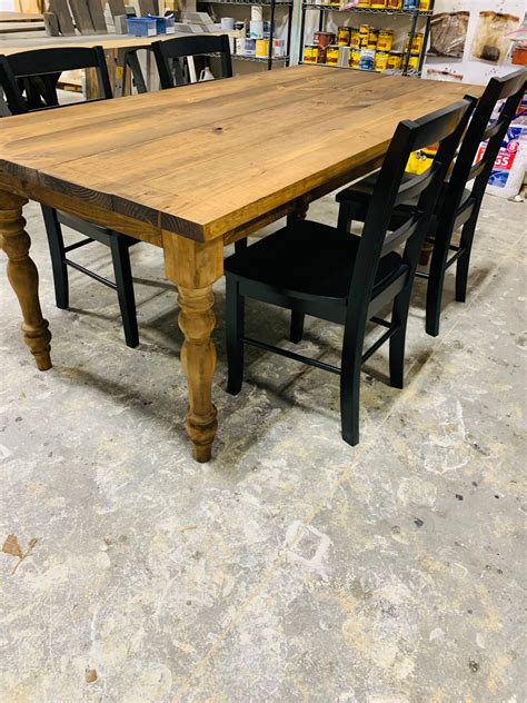 Rustic Farmhouse Table With Turned Legs Black Chairs Provincial Brown