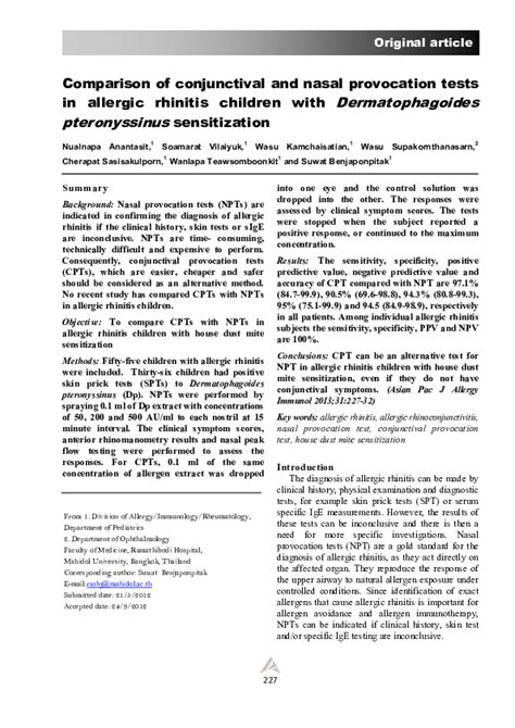 Pdf Comparison Of Conjunctival And Nasal Provocation Tests In