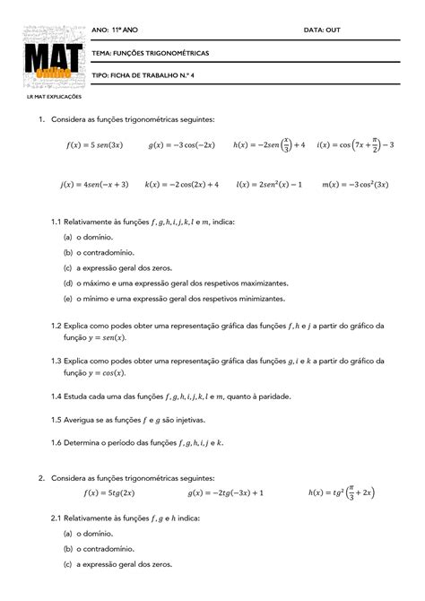 Funcoes 2 Ano 11º Ano Data Out Tema FunÇÕes TrigonomÉtricas Tipo