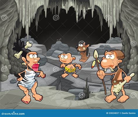 Familia Prehistórica Divertida En La Caverna Ilustración del Vector