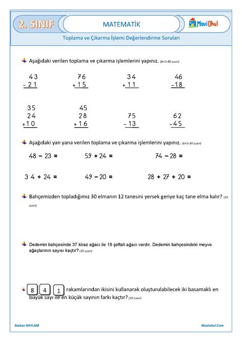 2 Sınıf Matematik Toplama ve Çıkarma İşlemi Değerlendirme Çalışması