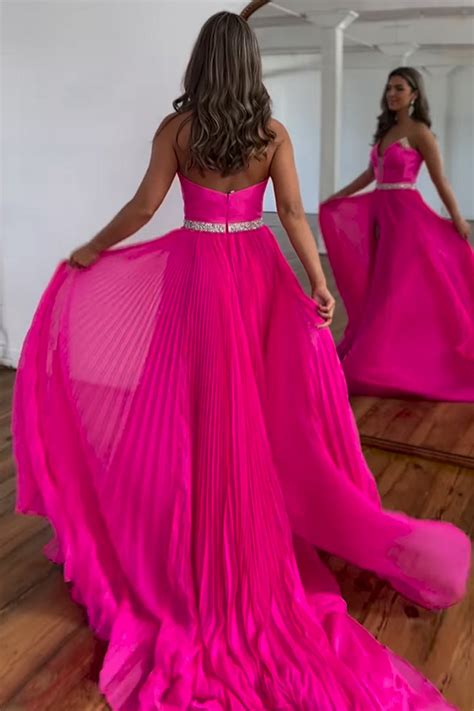 Queendancer Women Sparkly Hot Pink Long Chiffon Pleated Prom Dress With