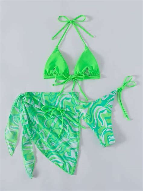 Shein Swim Vcay Marmerprint Doorschijnend Bikini Set Halternek Driehoek