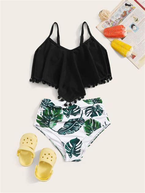 Girls Hanky Hem Top With Random Tropical Bikini Shein Usa